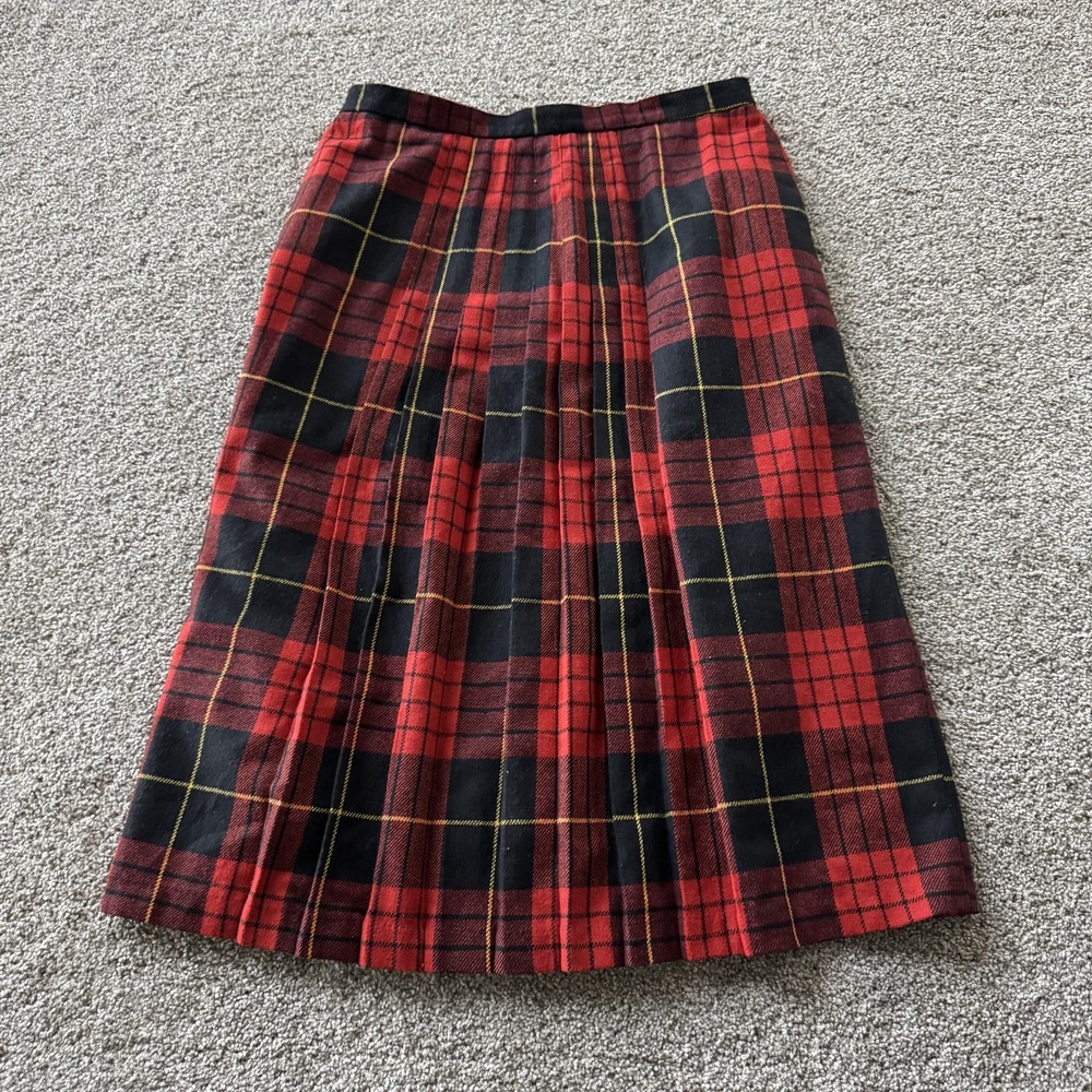 Vintage Red Plaid Skirt Womens 16 Pleated Midi Lined Wool Blend Tartan